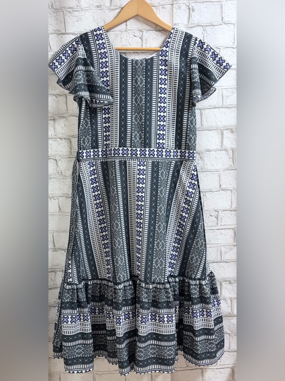 Geometric Black White & Purple Midi Dress with Ruffle Bottom